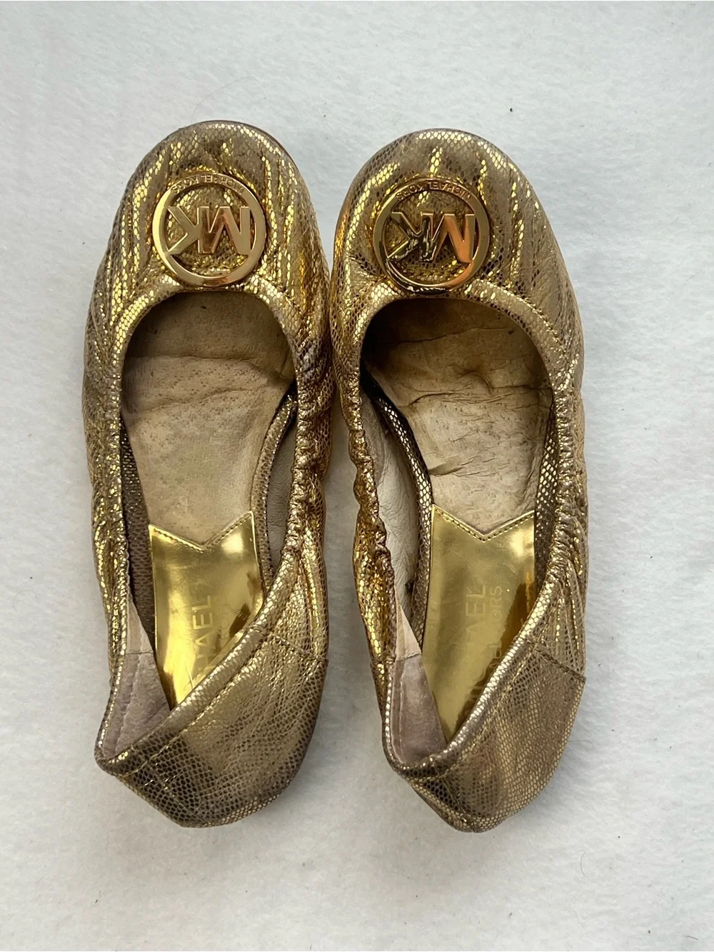 Michael Kors Gold Metallic Snake-Textured Ballet Flats MK Logo Women’s Size 5